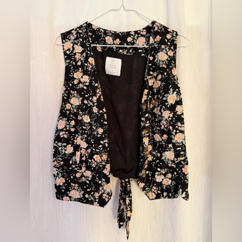 Linen Blend Black Floral Summer Vest